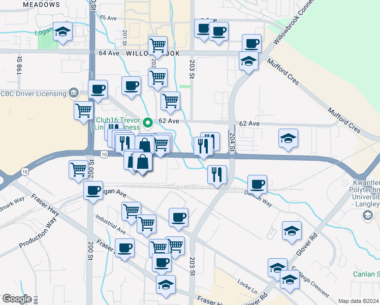 map of restaurants, bars, coffee shops, grocery stores, and more near 20300 Langley Bypass in Langley