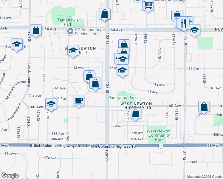 map of restaurants, bars, coffee shops, grocery stores, and more near 6116 128 Street in Surrey