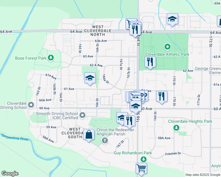 map of restaurants, bars, coffee shops, grocery stores, and more near 16633 61 Avenue in Surrey