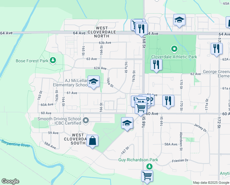 map of restaurants, bars, coffee shops, grocery stores, and more near 16633 61 Avenue in Surrey