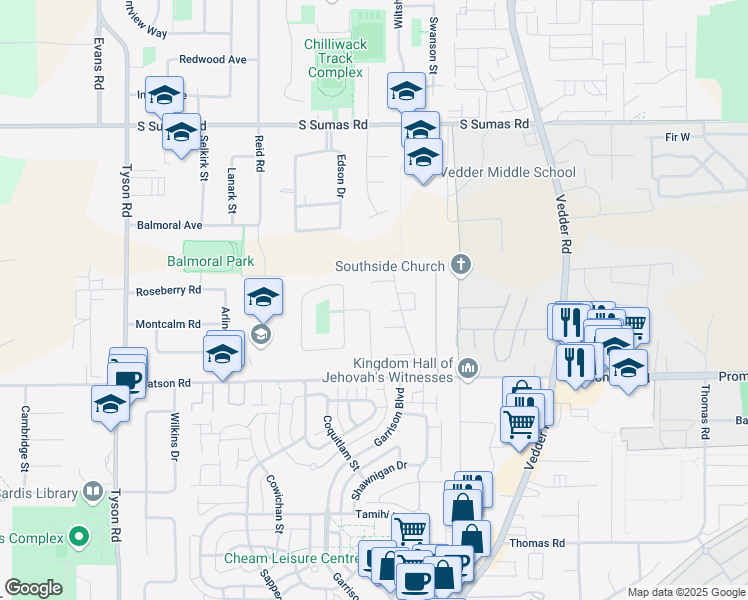 map of restaurants, bars, coffee shops, grocery stores, and more near 6110 Glenmore Drive in Chilliwack