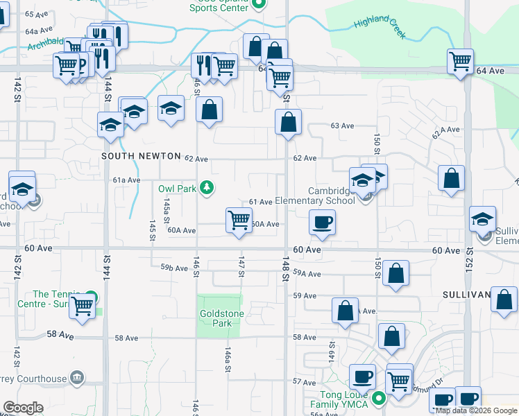 map of restaurants, bars, coffee shops, grocery stores, and more near 14750 61 Avenue in Surrey