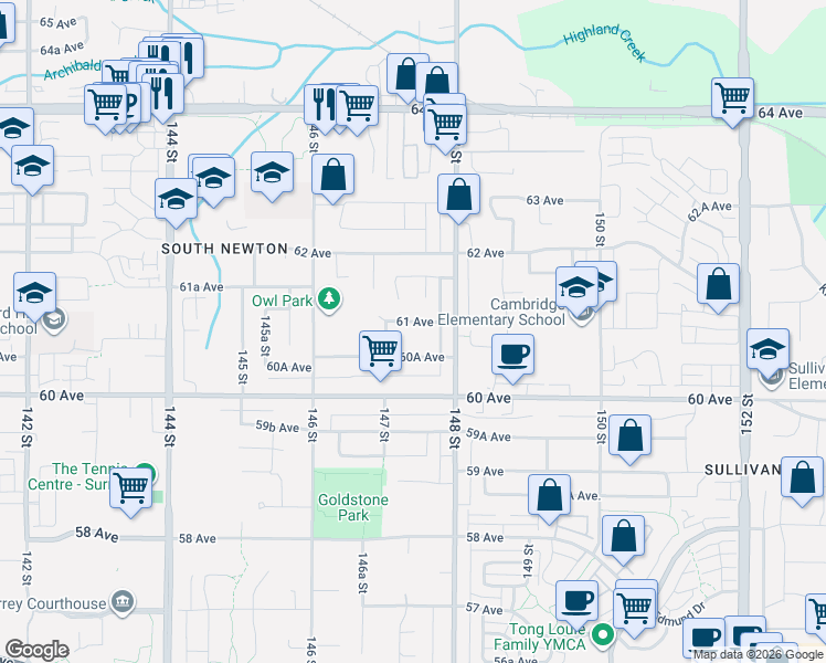 map of restaurants, bars, coffee shops, grocery stores, and more near 14750 61 Avenue in Surrey