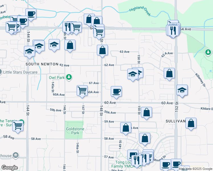 map of restaurants, bars, coffee shops, grocery stores, and more near 14838 61 Avenue in Surrey