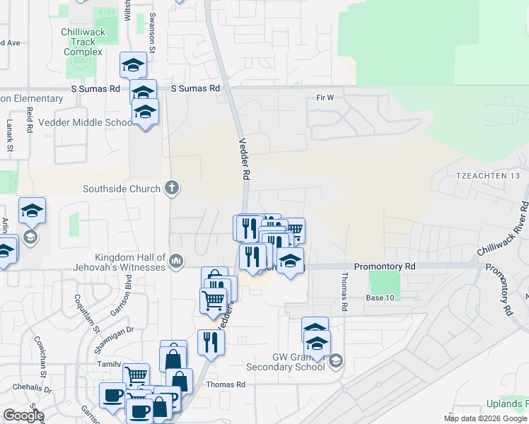 map of restaurants, bars, coffee shops, grocery stores, and more near 6338 Vedder Road in Chilliwack