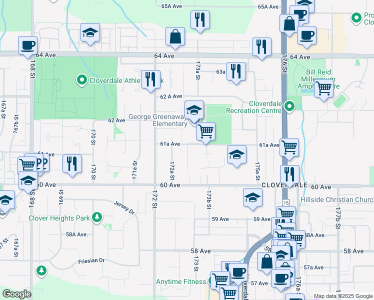 map of restaurants, bars, coffee shops, grocery stores, and more near 6103 172B Street in Surrey