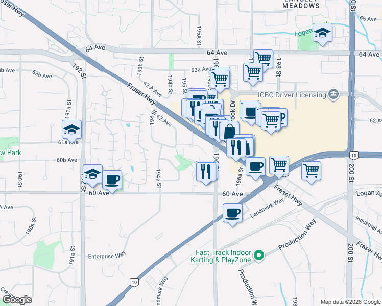 map of restaurants, bars, coffee shops, grocery stores, and more near 19528 Fraser Highway in Surrey
