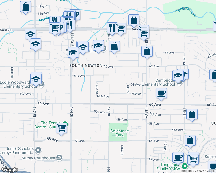map of restaurants, bars, coffee shops, grocery stores, and more near 6091 146 Street in Surrey