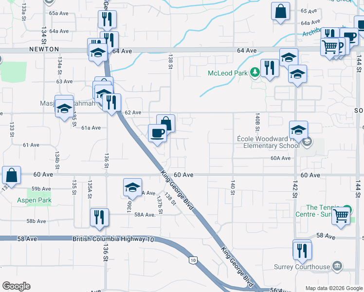 map of restaurants, bars, coffee shops, grocery stores, and more near 6110 138 Street in Surrey