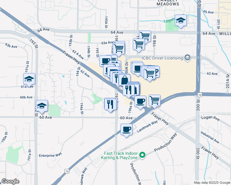 map of restaurants, bars, coffee shops, grocery stores, and more near 7428 196 Street in Langley