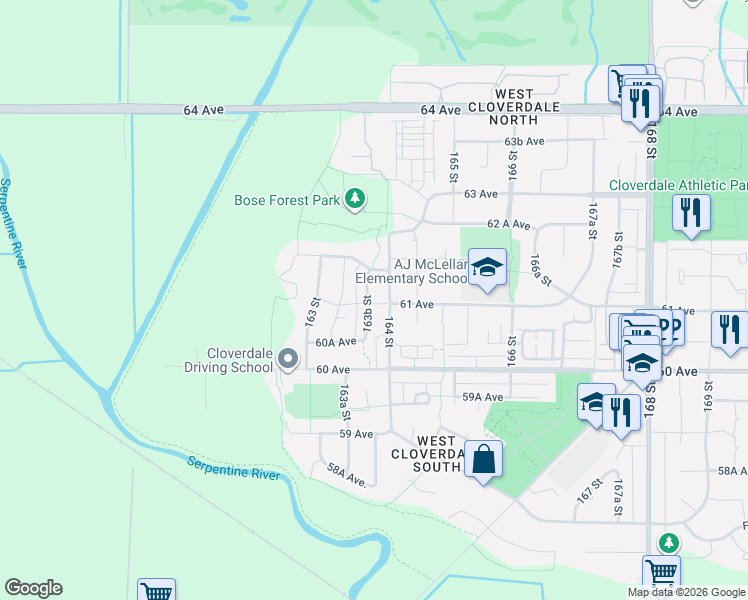 map of restaurants, bars, coffee shops, grocery stores, and more near 6100 163B Street in Surrey