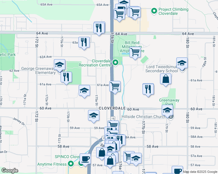 map of restaurants, bars, coffee shops, grocery stores, and more near 6119 176 Street in Surrey