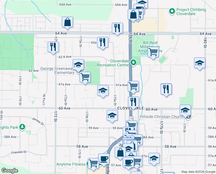 map of restaurants, bars, coffee shops, grocery stores, and more near 17486 61A Avenue in Surrey