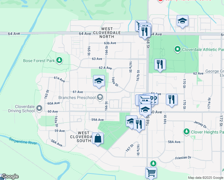 map of restaurants, bars, coffee shops, grocery stores, and more near 16615 61 Avenue in Surrey