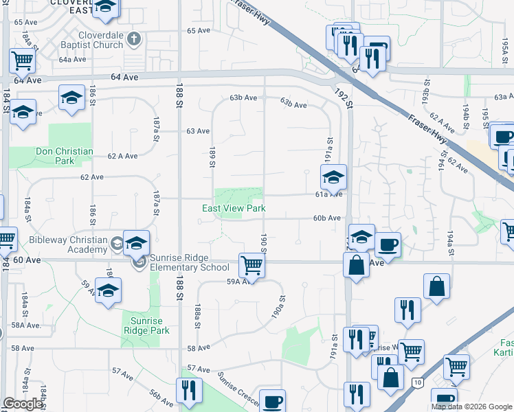 map of restaurants, bars, coffee shops, grocery stores, and more near 6103 190 Street in Surrey