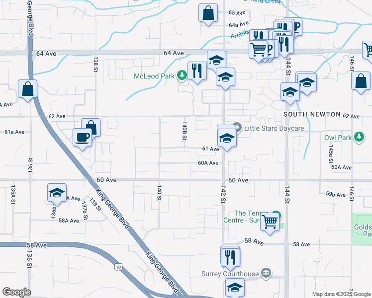 map of restaurants, bars, coffee shops, grocery stores, and more near 14058 61 Avenue in Surrey