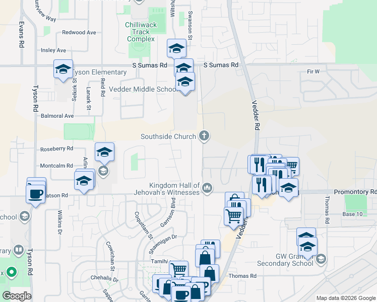 map of restaurants, bars, coffee shops, grocery stores, and more near 6235 Dundee Place in Chilliwack