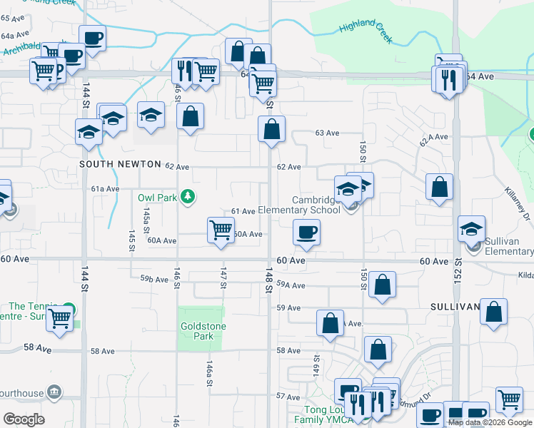 map of restaurants, bars, coffee shops, grocery stores, and more near in Surrey
