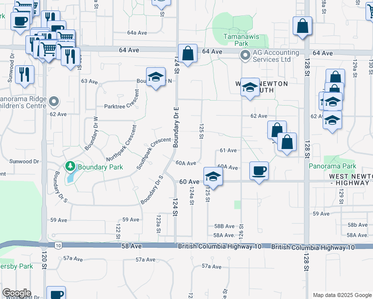 map of restaurants, bars, coffee shops, grocery stores, and more near 12435 60A Avenue in Surrey