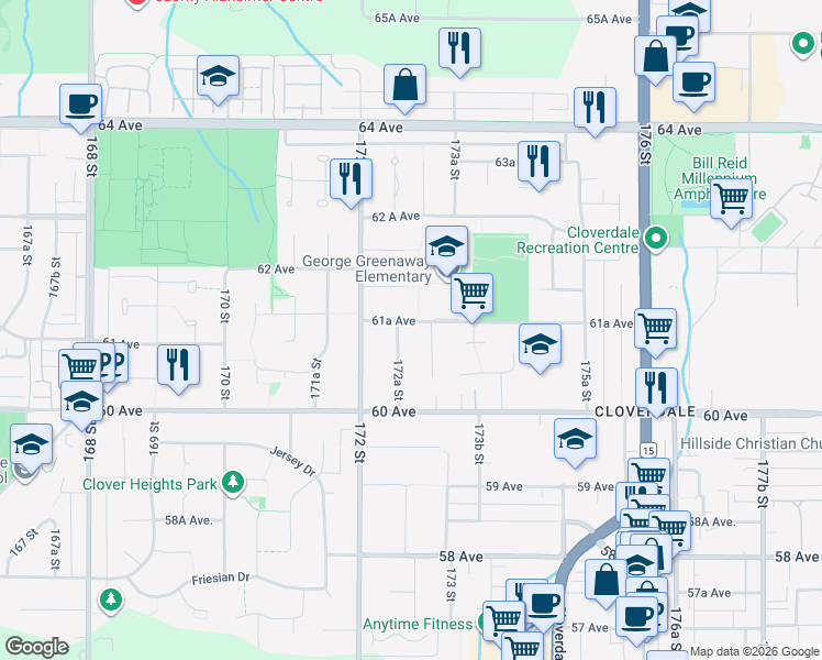 map of restaurants, bars, coffee shops, grocery stores, and more near 17268 61A Avenue in Surrey