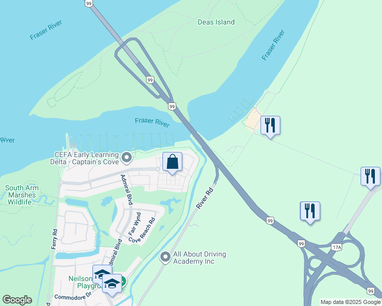 map of restaurants, bars, coffee shops, grocery stores, and more near 5551 Admiral Way in Delta