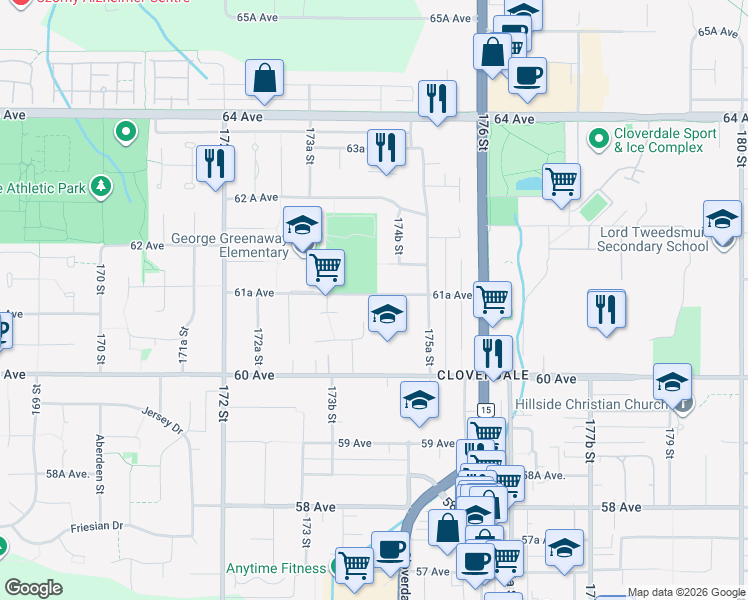 map of restaurants, bars, coffee shops, grocery stores, and more near 17440 61A Avenue in Surrey