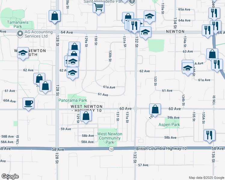 map of restaurants, bars, coffee shops, grocery stores, and more near 13078 61A Avenue in Surrey