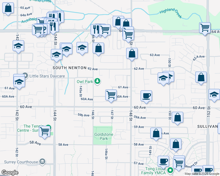 map of restaurants, bars, coffee shops, grocery stores, and more near 14688 61 Avenue in Surrey