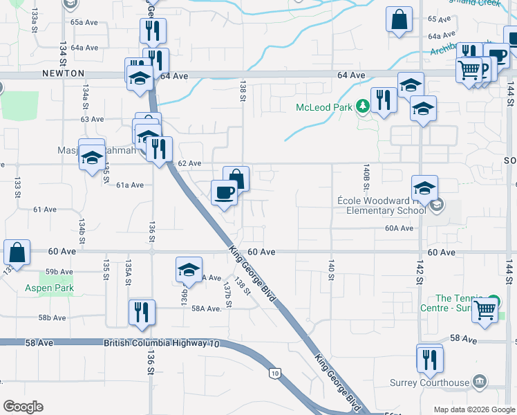 map of restaurants, bars, coffee shops, grocery stores, and more near 6110 138 Street in Surrey