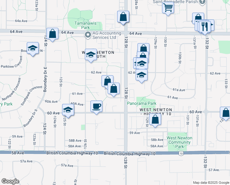 map of restaurants, bars, coffee shops, grocery stores, and more near 12742 61A Avenue in Surrey