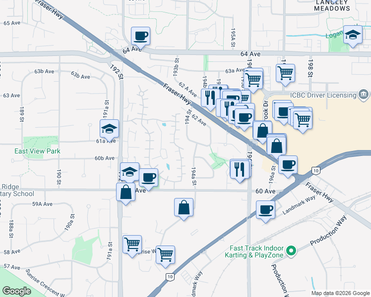 map of restaurants, bars, coffee shops, grocery stores, and more near 6074 Greenside Drive East in Surrey
