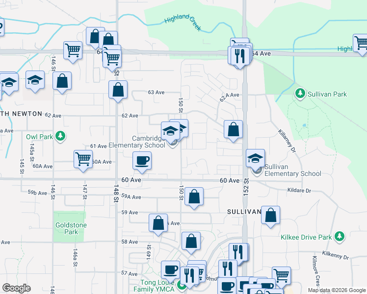 map of restaurants, bars, coffee shops, grocery stores, and more near 6102 150 Street in Surrey