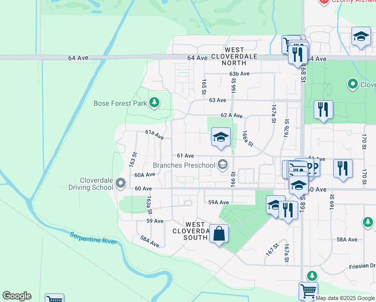 map of restaurants, bars, coffee shops, grocery stores, and more near 16453 61 Avenue in Surrey