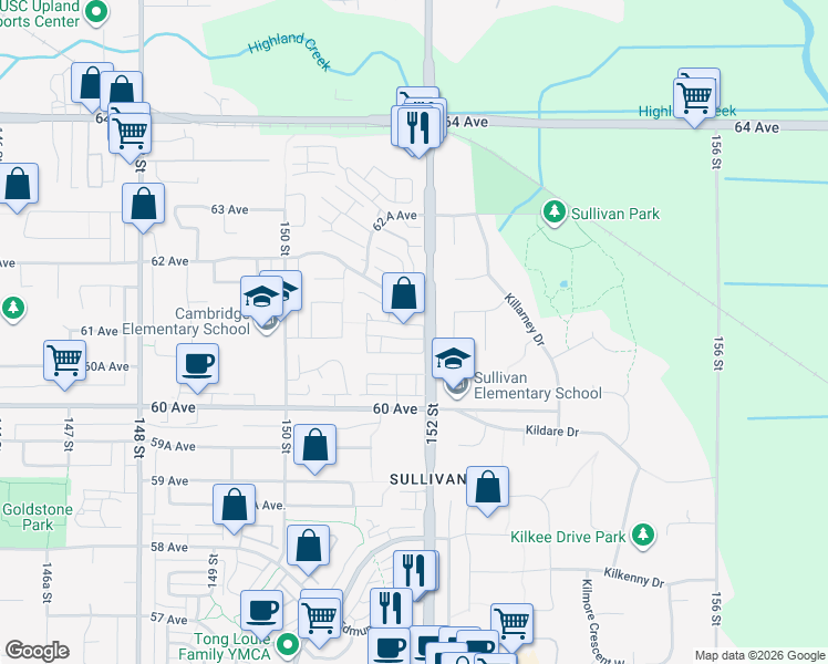 map of restaurants, bars, coffee shops, grocery stores, and more near 15186 61A Avenue in Surrey