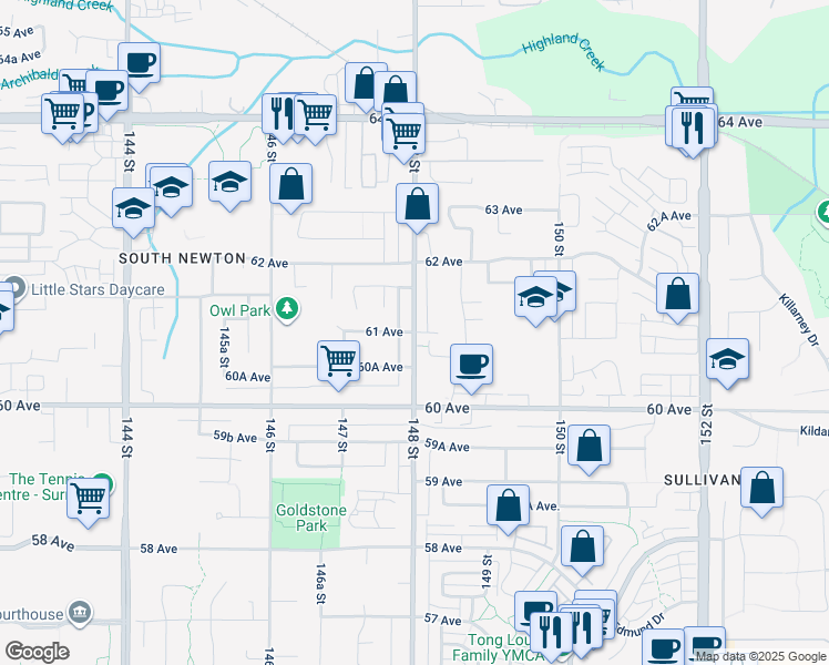 map of restaurants, bars, coffee shops, grocery stores, and more near 148 St & 61 Ave in Surrey