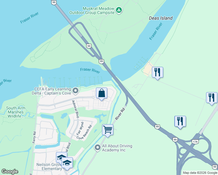 map of restaurants, bars, coffee shops, grocery stores, and more near 5551 Admiral Way in Delta