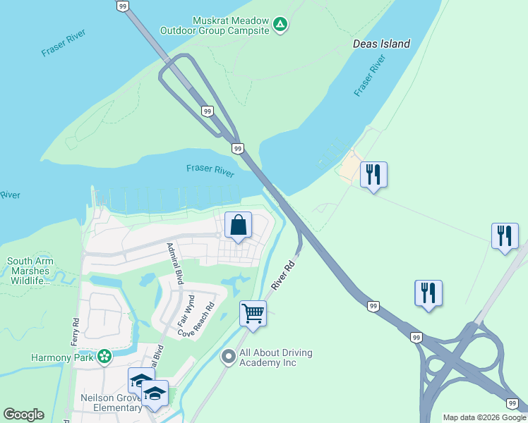 map of restaurants, bars, coffee shops, grocery stores, and more near 5551 Admiral Way in Delta
