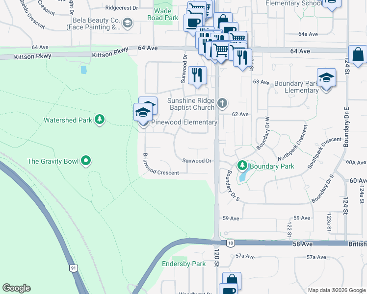 map of restaurants, bars, coffee shops, grocery stores, and more near 11900 Sunwood Place in Delta