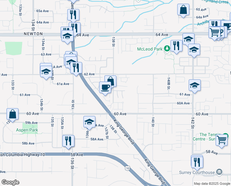 map of restaurants, bars, coffee shops, grocery stores, and more near 6110 138 Street in Surrey