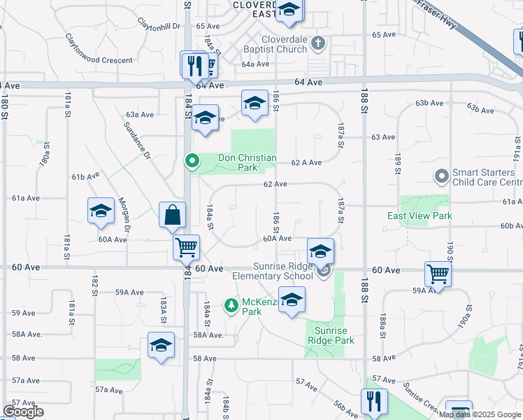 map of restaurants, bars, coffee shops, grocery stores, and more near 6116 185B Street in Surrey