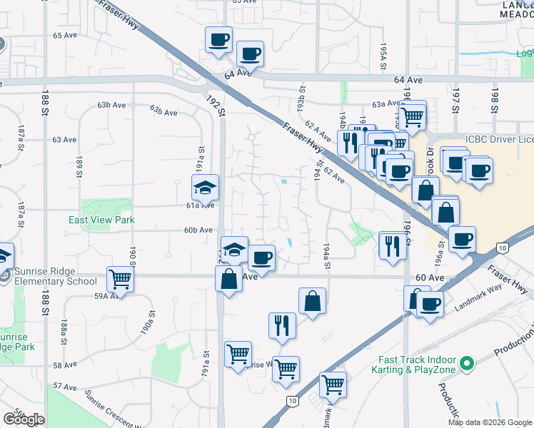 map of restaurants, bars, coffee shops, grocery stores, and more near 6110 Greenside Drive West in Surrey