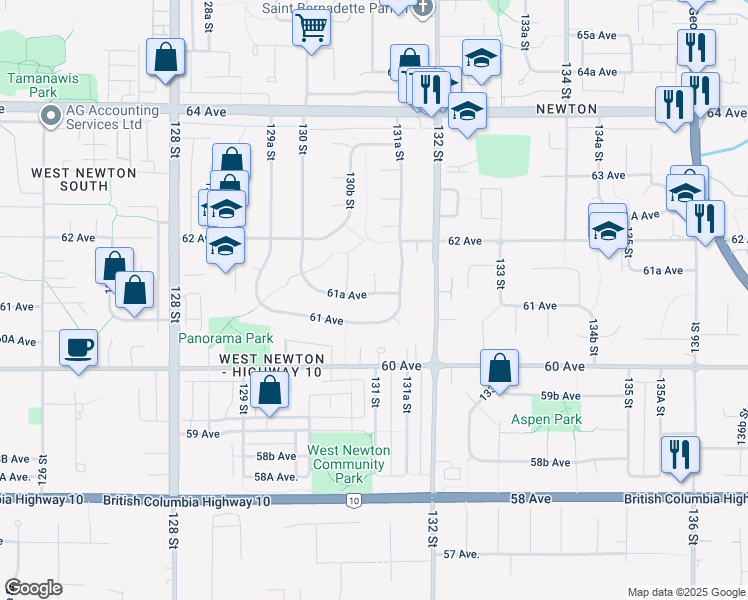 map of restaurants, bars, coffee shops, grocery stores, and more near 13094 61A Avenue in Surrey