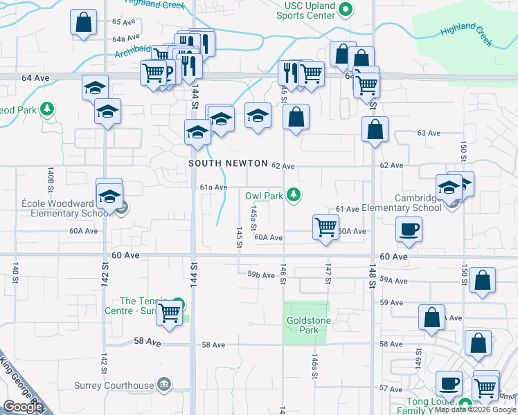 map of restaurants, bars, coffee shops, grocery stores, and more near 60 145A Street in Surrey