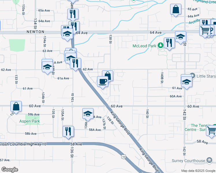 map of restaurants, bars, coffee shops, grocery stores, and more near in Surrey