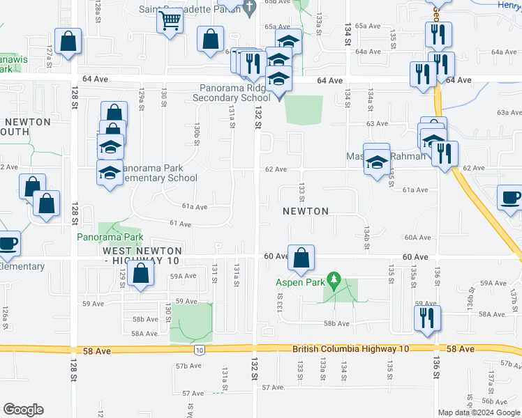 map of restaurants, bars, coffee shops, grocery stores, and more near 6112 132 Street in Surrey