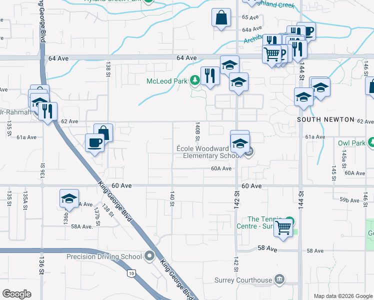 map of restaurants, bars, coffee shops, grocery stores, and more near 14047 61 Avenue in Surrey