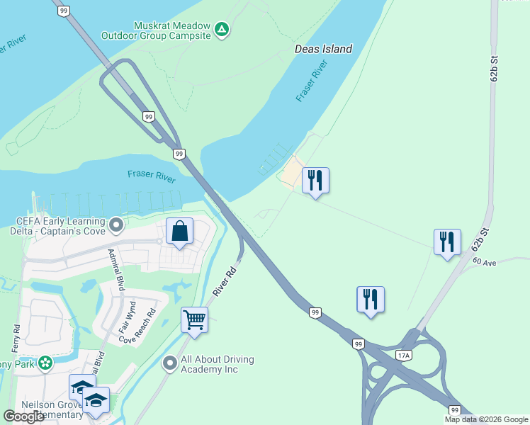 map of restaurants, bars, coffee shops, grocery stores, and more near 6155 River Road in Delta