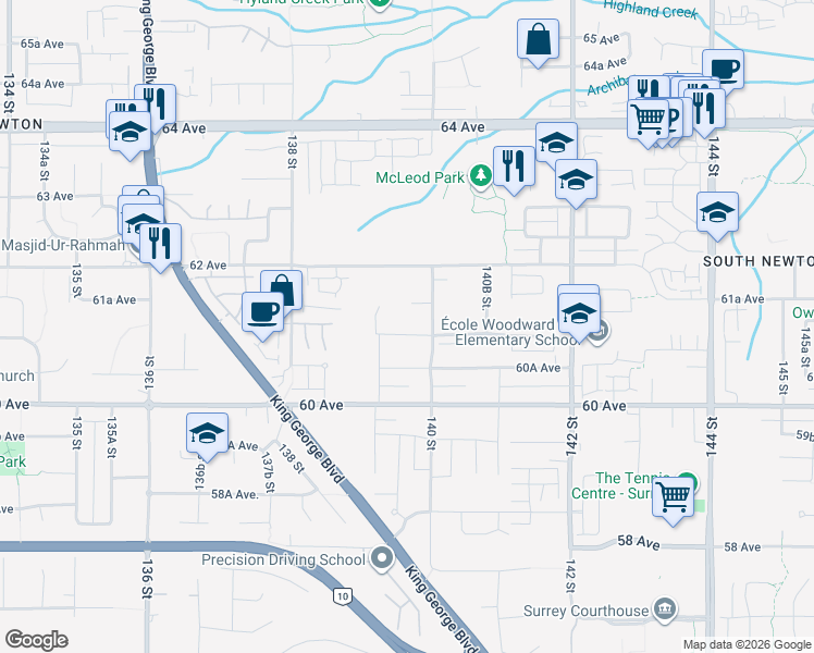 map of restaurants, bars, coffee shops, grocery stores, and more near 13955 61 Avenue in Surrey