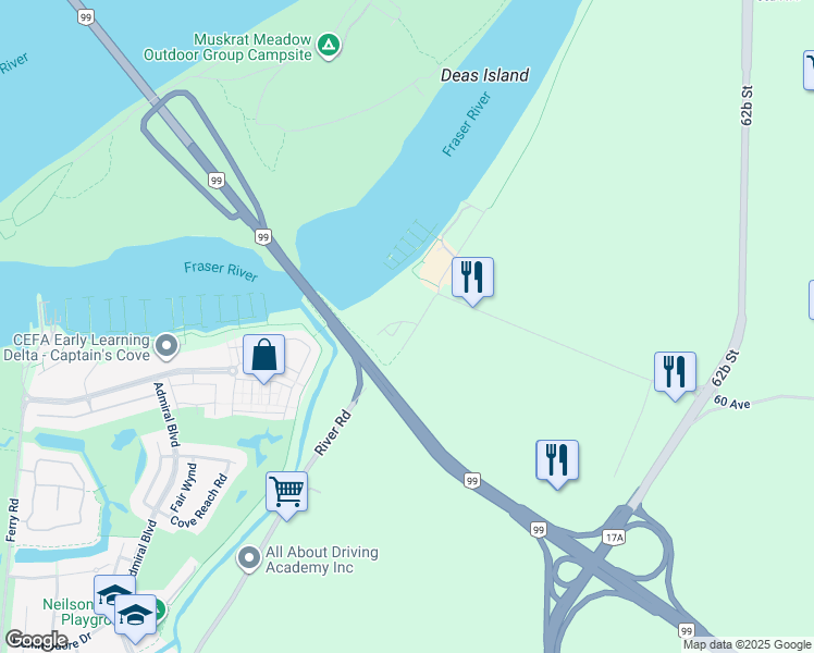 map of restaurants, bars, coffee shops, grocery stores, and more near 6105 River Road in Delta