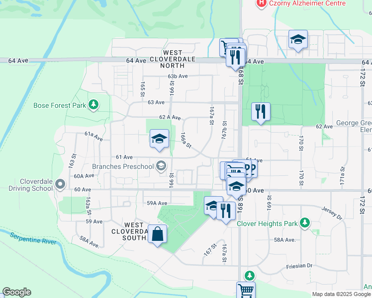 map of restaurants, bars, coffee shops, grocery stores, and more near 6119 166A Street in Surrey